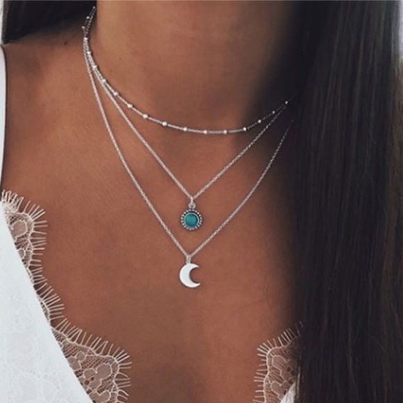 Free People Jewelry - Silver Multi Layer Turquoise Moon Choker Necklace